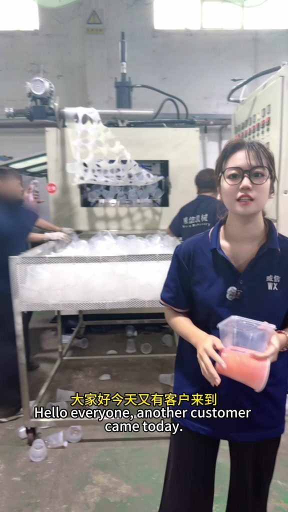 VihoX 750 plastic cup making machine forming PP disposable cups during a factory test run