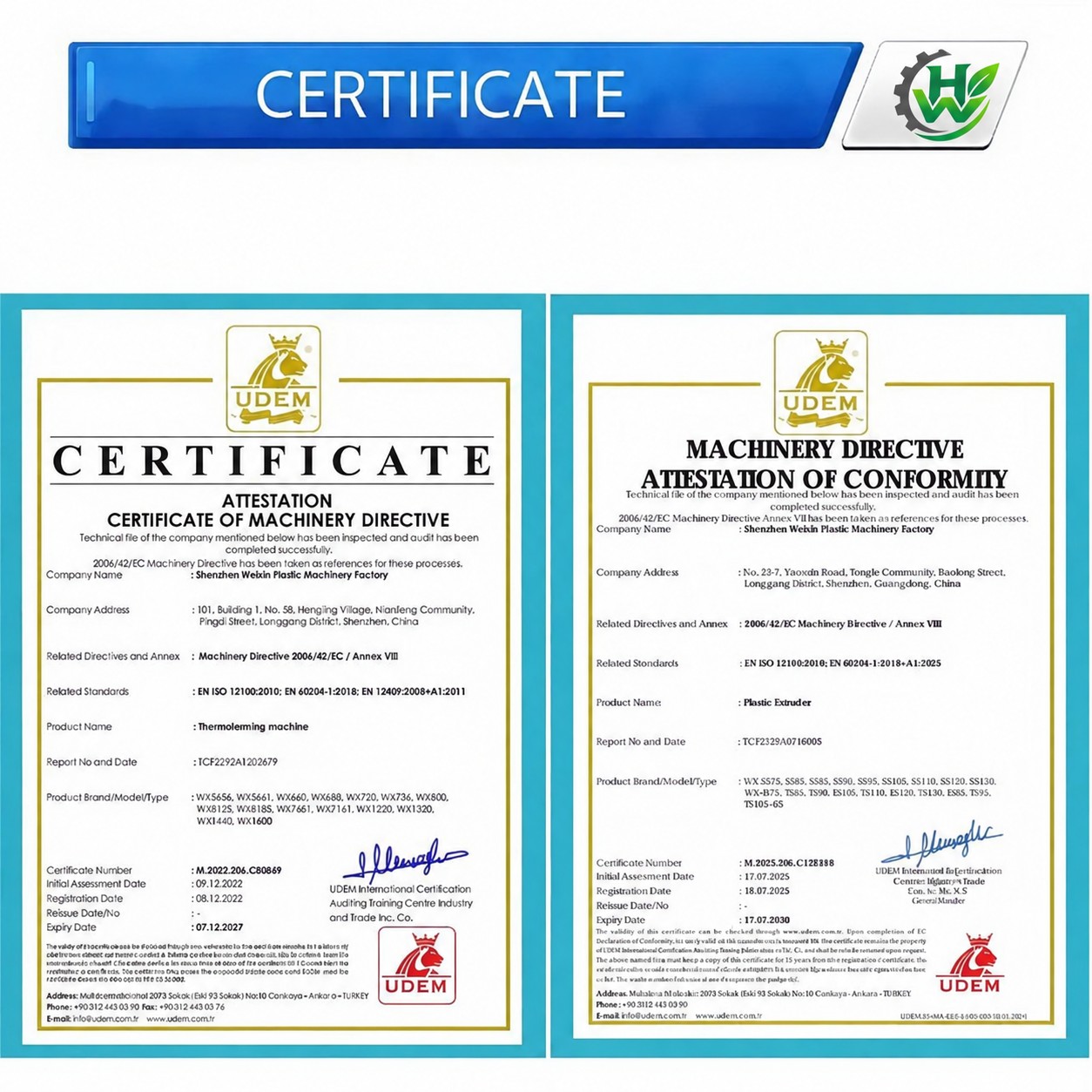 Machinery Directive attestation certificates for thermoforming machines and plastic extruders, issued by UDEM International Certification