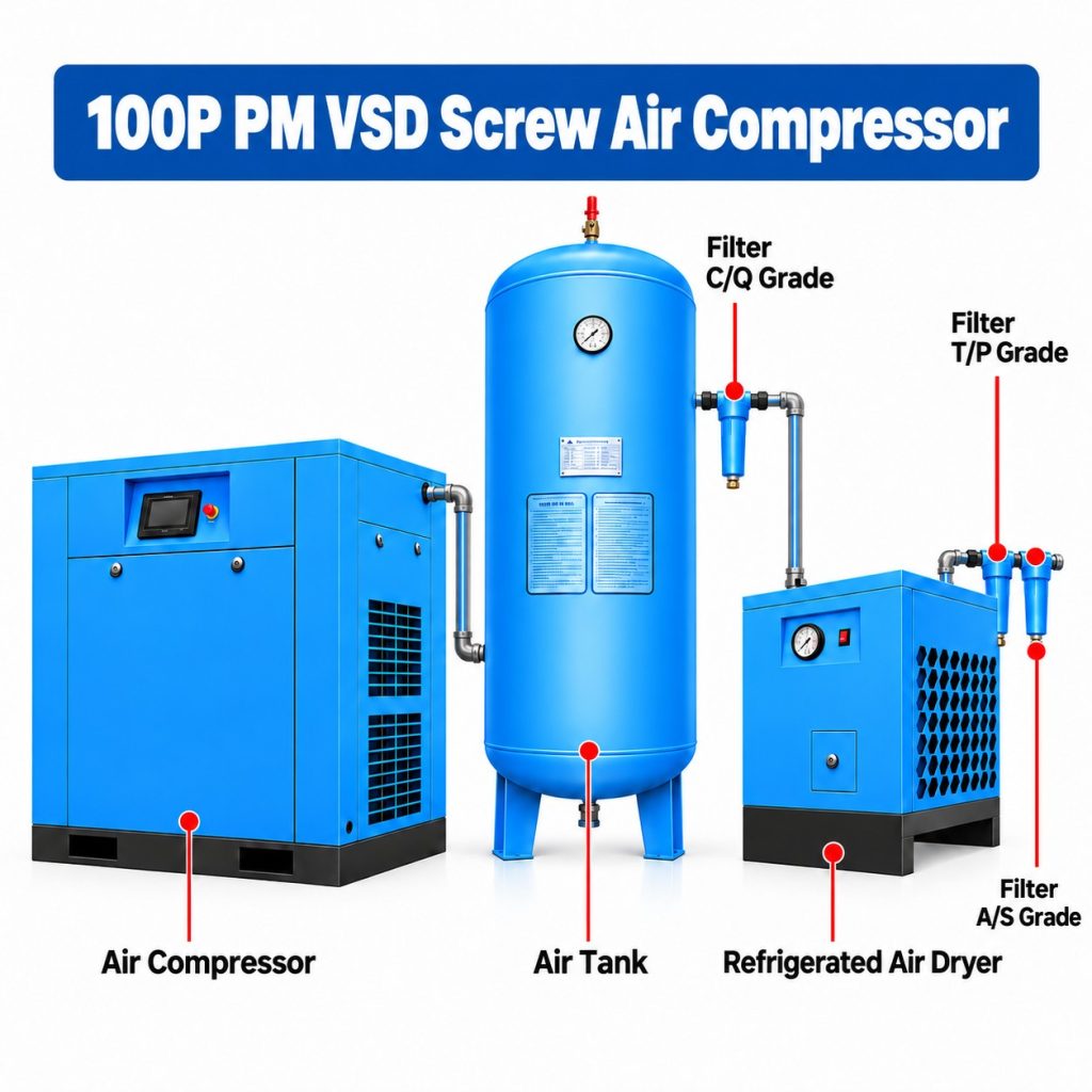 VihoX 100HP PM VSD screw air compressor with air receiver, refrigerated dryer and three-stage filters