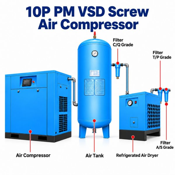 VihoX 10HP PM VSD screw air compressor with air receiver, refrigerated dryer and three-stage filters