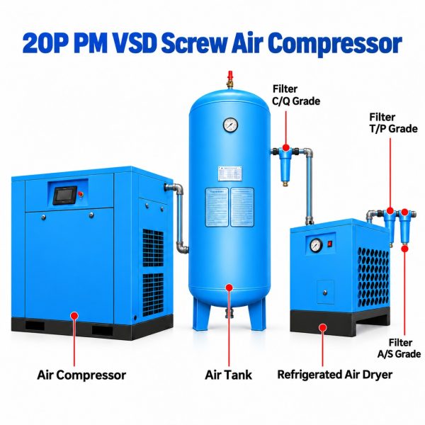 VihoX 20HP PM VSD screw air compressor with air receiver, refrigerated dryer and three-stage filters