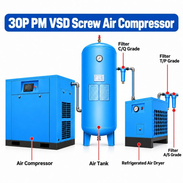 VihoX 30HP PM VSD screw air compressor with air receiver, refrigerated dryer and three-stage filters