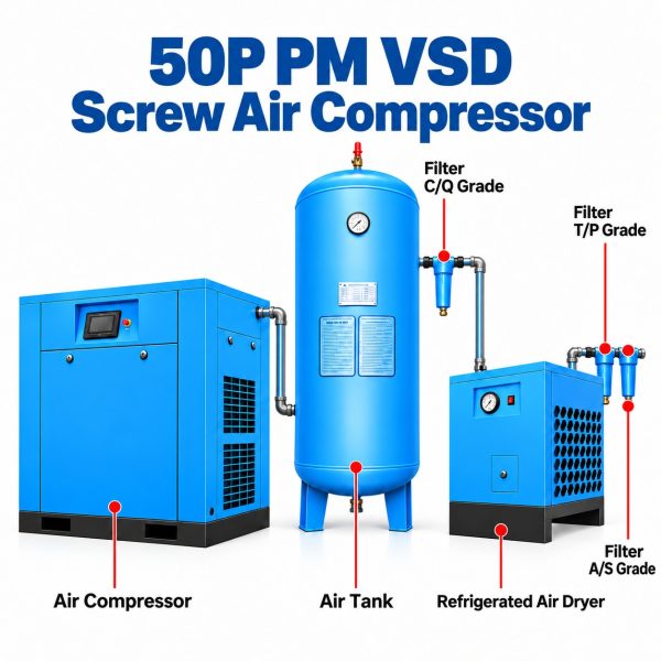 VihoX 50HP PM VSD screw air compressor with air receiver, refrigerated dryer and three-stage filters