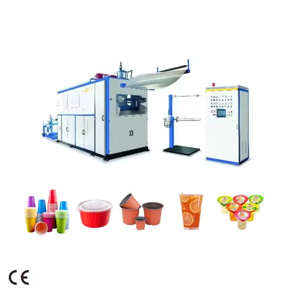 VihoX plastic cup making machine with forming station and control cabinet, with sample cups, lids and containers